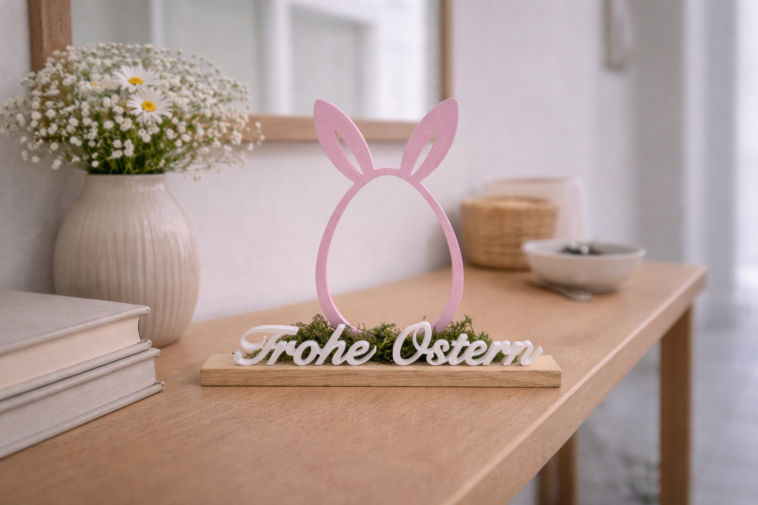Aufsteller Ei mit Ohren und Text Frohe Ostern